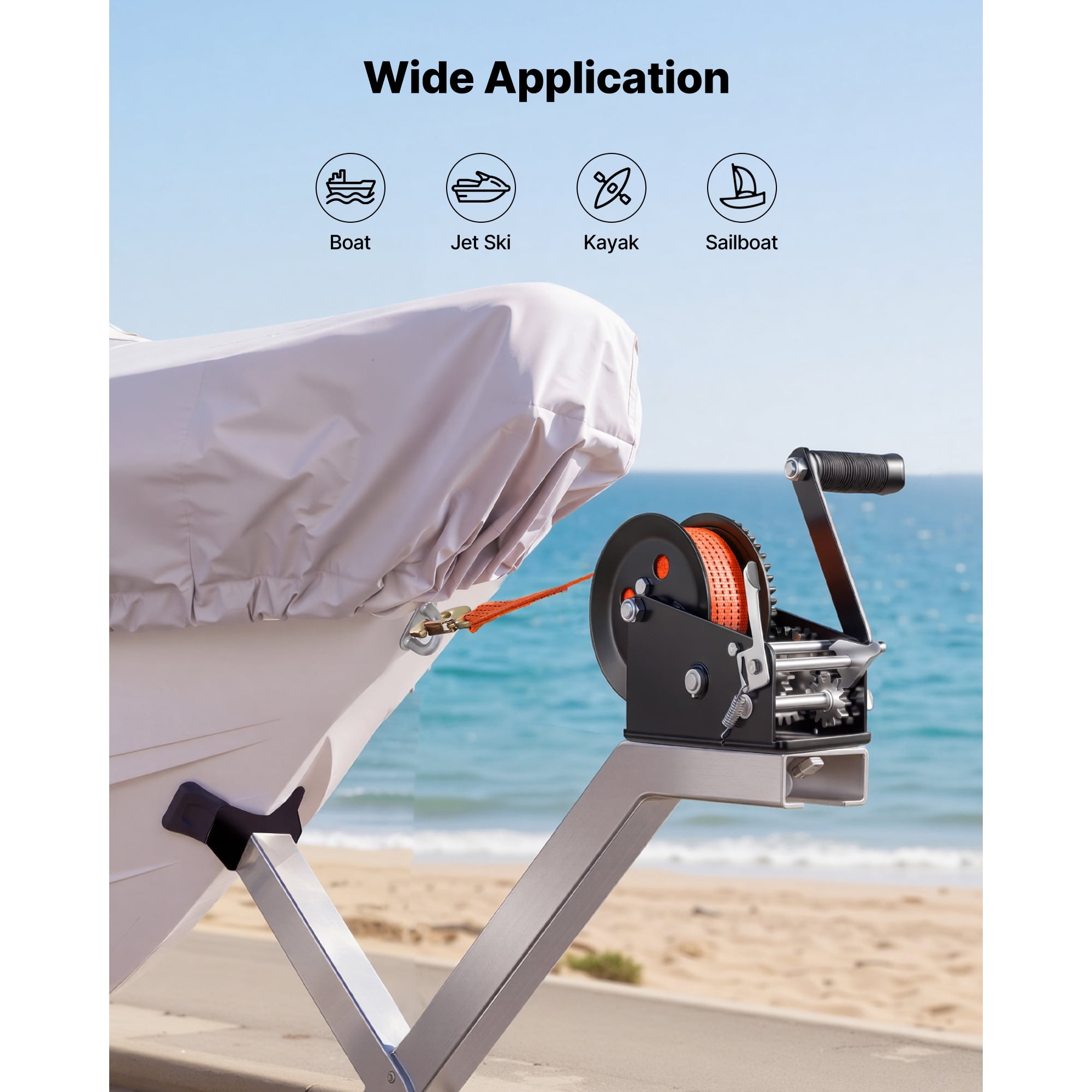 KFFKFF 3500 lbs Manual Boat Winch with 20ft Orange Polyester Strap, Two-Way Ratchet, 2-Speed Switch, and Anti-Slip Handle for Trailer and ATV Towing