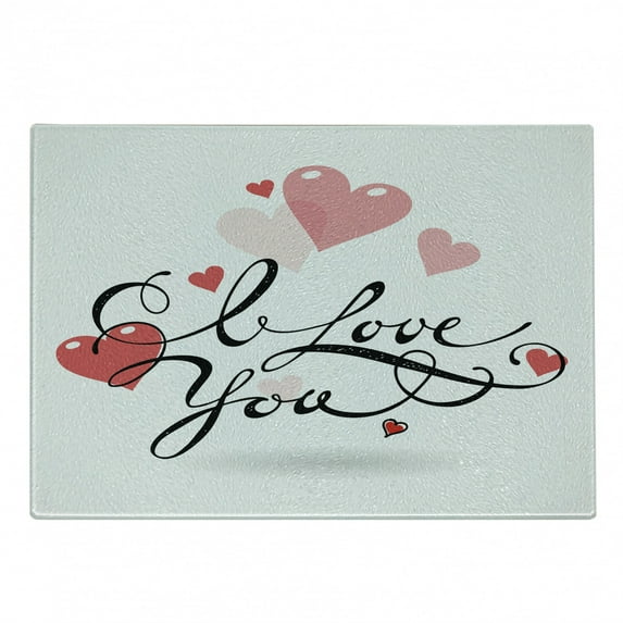 I Love You Cutting Board, Handwritten Illustration Swirly Designed Calligraphy with Pink and Red Hearts, Decorative Tempered Glass Cutting and Serving Board, Small Size, Multicolor, by Ambesonne