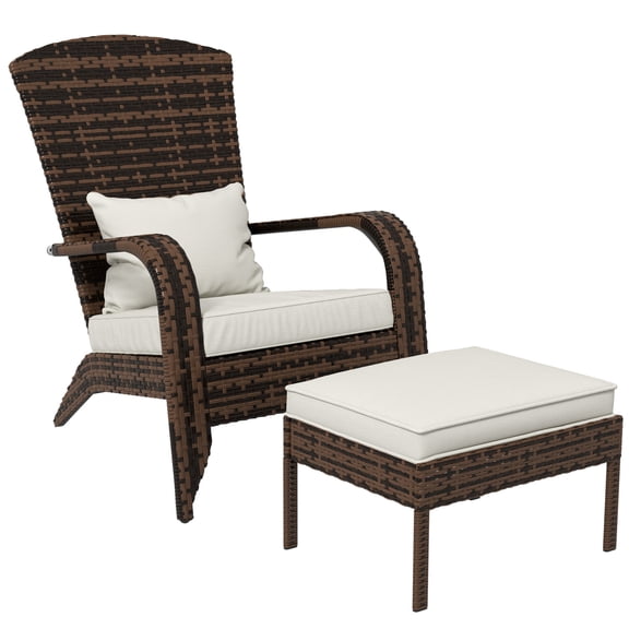 Miekor Furniture Patio Wicker Adirondack Chair with Ottoman, Outdoor Fire Pit Chair with Cushions, High-Back, Large Seat & Armrests for Deck, Garden & Backyard, Cream White 62992