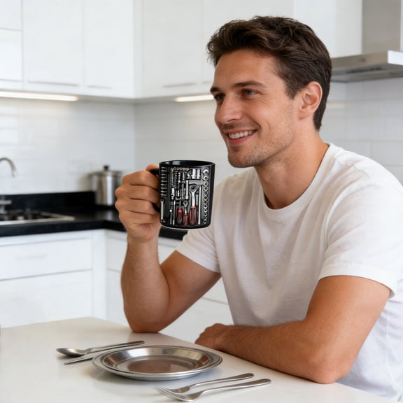 3D Mechanic Toolbox Design Ceramic Coffee Mug, Handyman Gift Idea for Men, Home & Office Use, 3.7 Inches Tall, 11 oz