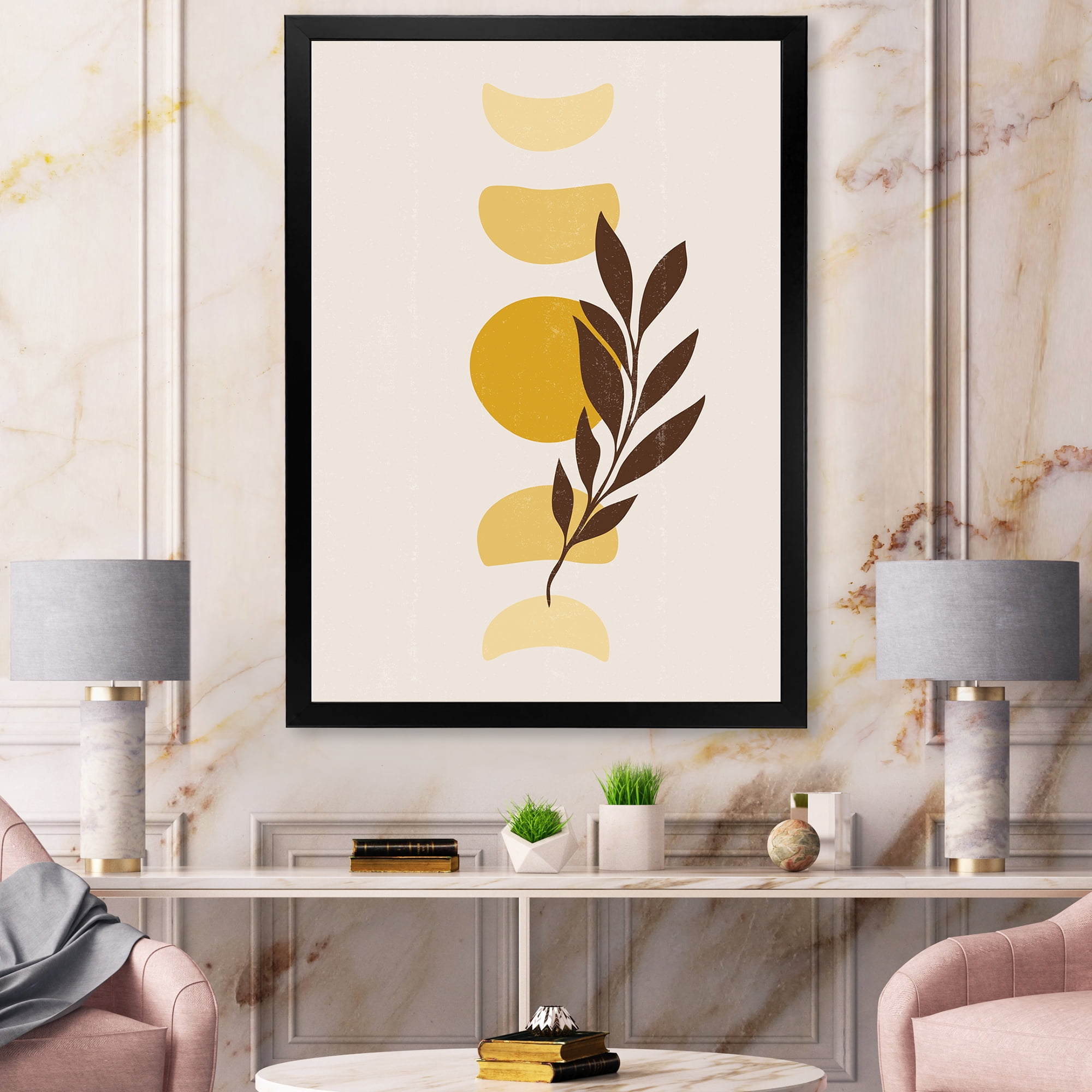 Designart 'Abstract Geometrical Moon and Sun With Leaf VII' Modern Framed Art Print