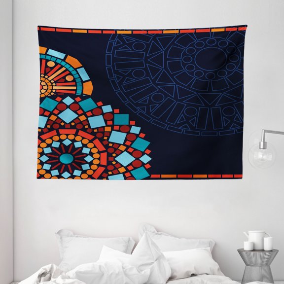 Dark Blue Tapestry, Colorful Geometric Circular Mandala Motifs Framework Moroccan Mosaic Style Ethnic, Wall Hanging for Bedroom Living Room Dorm Decor, 80W X 60L Inches, Multicolor, by Ambesonne