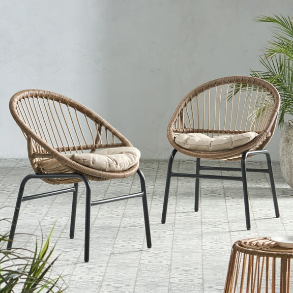 Toauuo Set of 2 Edgar Boho Outdoor Dining Chairs, PE Rattan Wicker Patio Chairs with Water-Resistant Cushions, Powder-Coated Metal Frame, Curved Backrest for Patio Garden
