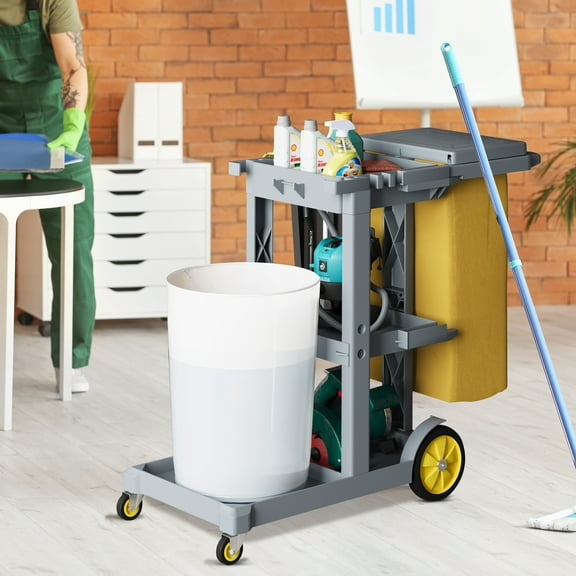 Janitorial Trolley Cleaning Cart 3-Shelf Plastic Housekeeping Cart with PVC Bag