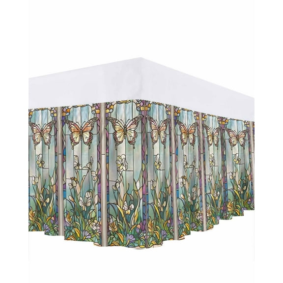 Purple Vintage Stained Glass Bed Skirt Flowers Butterfly Bed Skirts California King Size 18 Inch Drop, Wrap Around Dust Ruffle Bedskirt with Adjustable Elastic Belt for Queen Size Beds