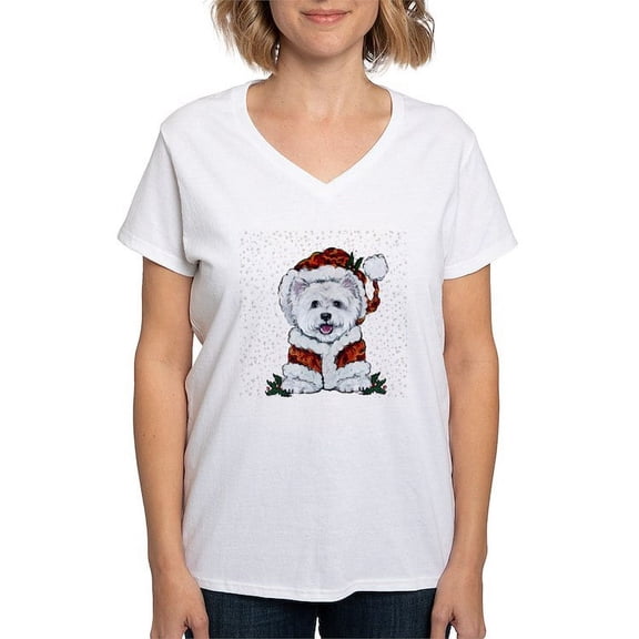 CafePress - Santas Westie Helper T Shirt - Womens Cotton V-Neck T-shirt