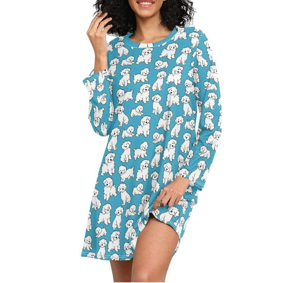 joogoo Cartoon Dogs Blue Women's Long Sleeve Nightgown Sleepwear L