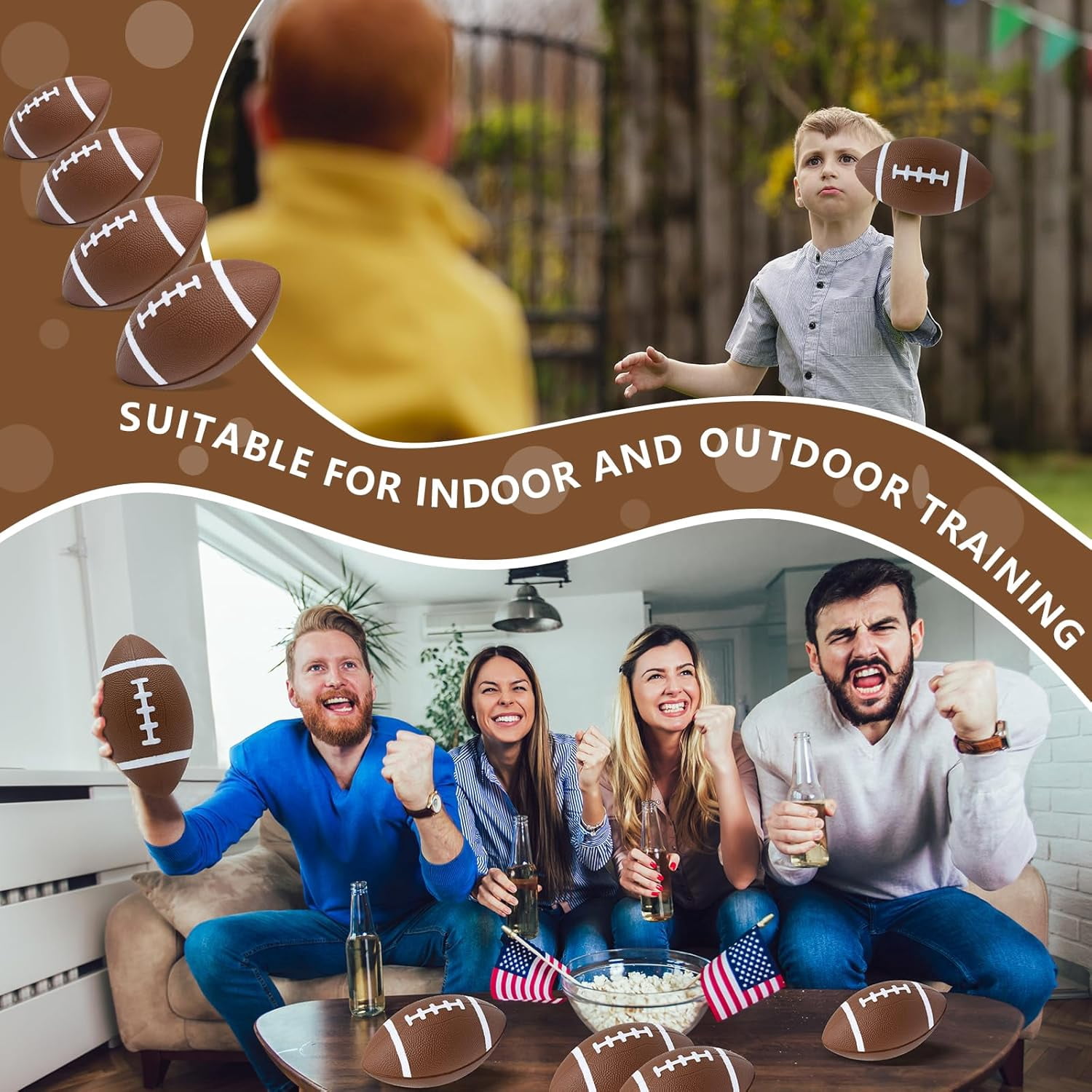 Magicorange 6 Pack Foam Football for Kids Youth Toddlers, 7" Soft Football for Indoor Outdoor Sports, Brown