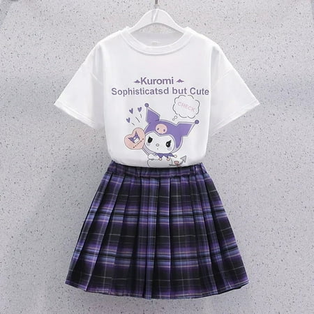 Kawaii Kuromi Short Sleeves Skirt Suit Sanrio Anime Preppy Style T-shirt Pleated Skirt Fashion Trend Uniform