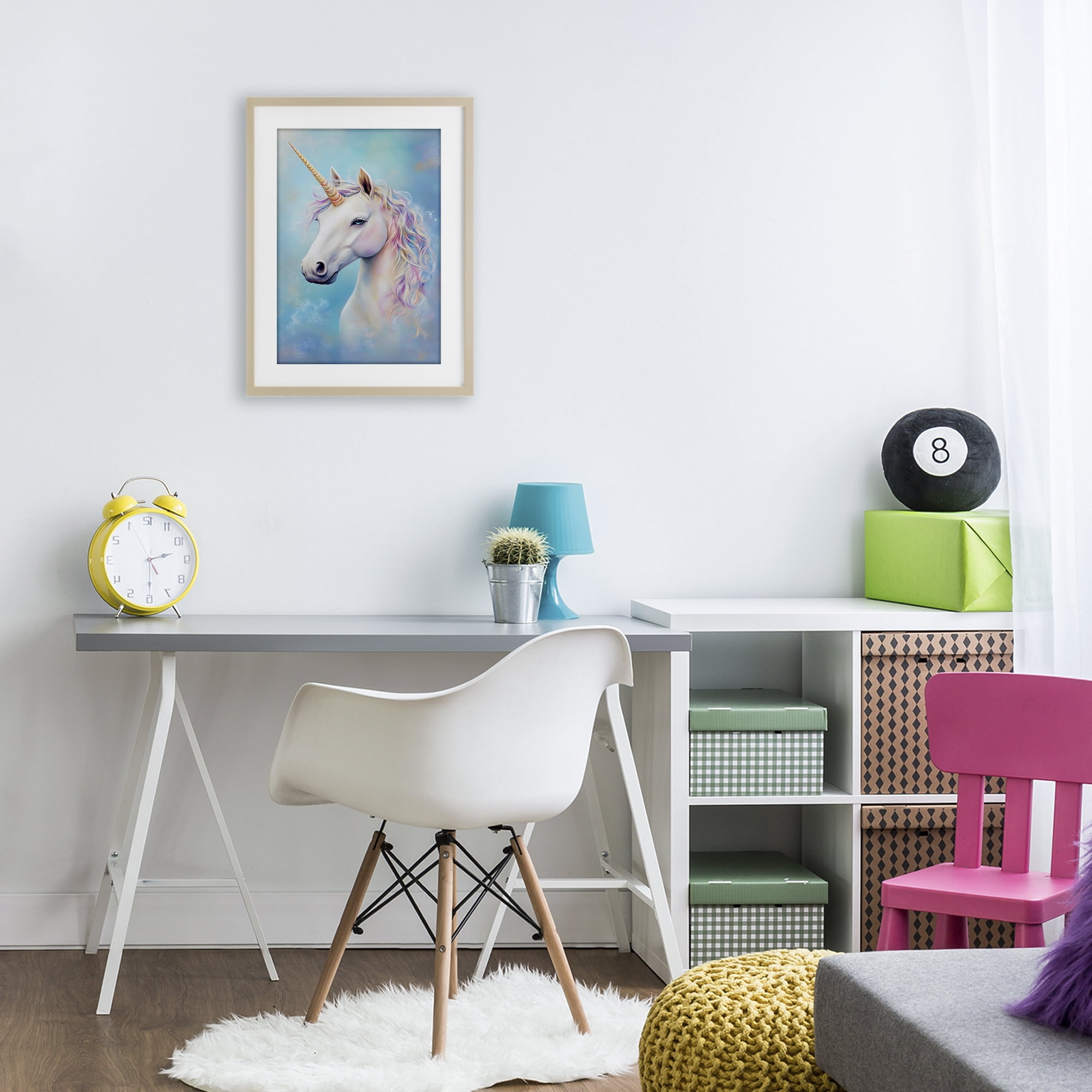 Stupell Industries White Unicorn on Blue Birch Framed Print Under Glass, design by Creative Studio
