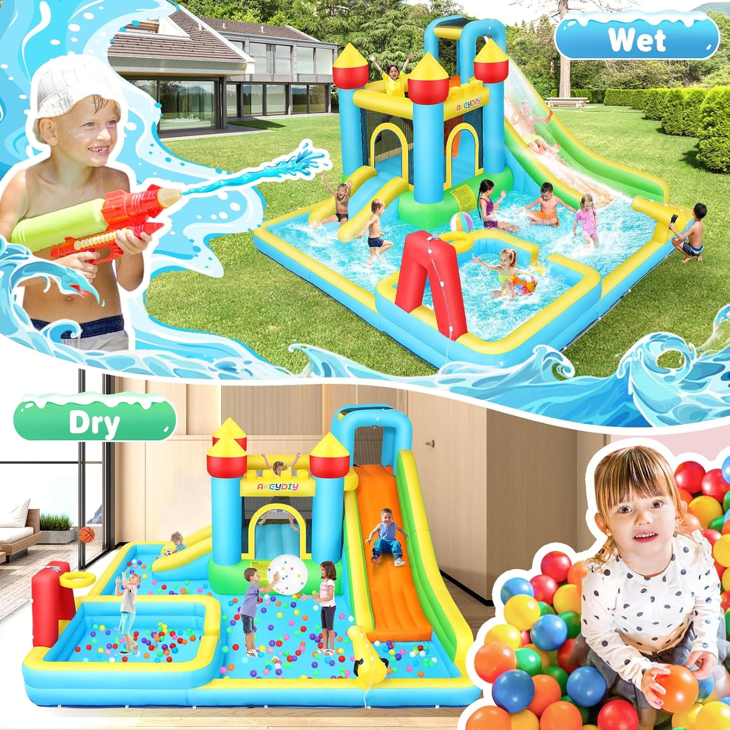 Veeboto 6-in-1 Water Slide with 550W Blower, Inflatable Bounce House with Climbing Wall, 2 Inflatable Slides, Basketball Hoop, Deep Pool, Bounce Zone for Kids, Indoor Backyard Party