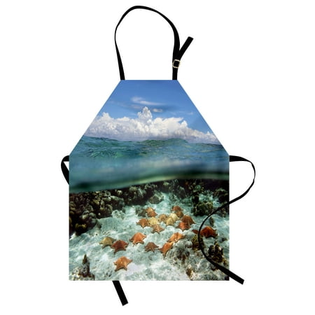 - Starfish Apron Split View with Sky and Clouds Above Under the Sea Wildlife and Ocean Nature Rocks, Unisex Kitchen Bib Apron with Adjustable Neck for Cooking Baking Gardening, Multicolor, by Ambesonne