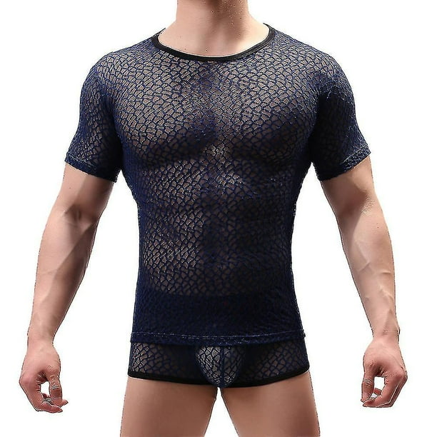 Camiseta de manga corta para hombre, cómoda y transparente, de malla de rejilla, ropa interior