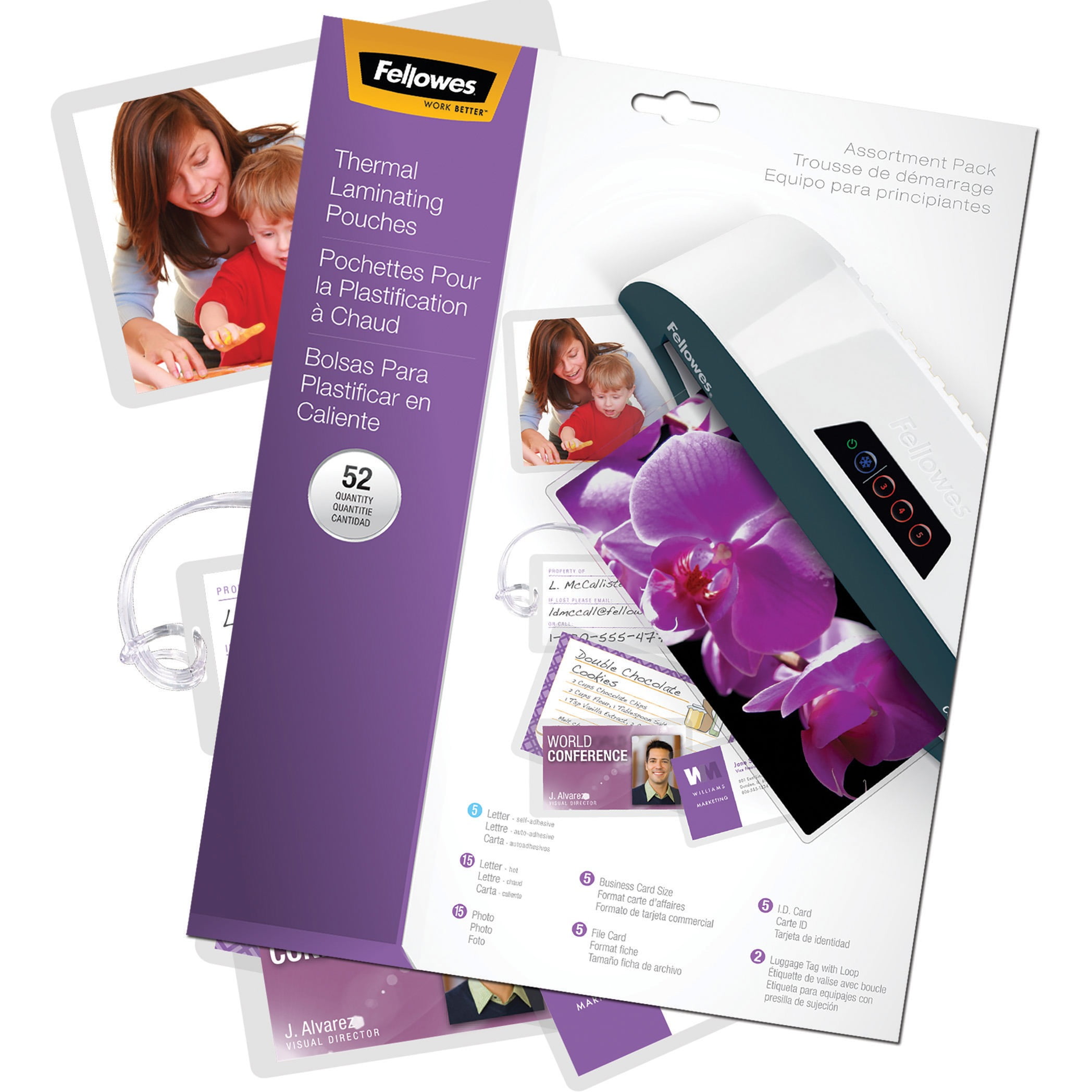 Fellowes, FEL5208401, Assorted Laminator Pouches, 52 / Pack, Clear