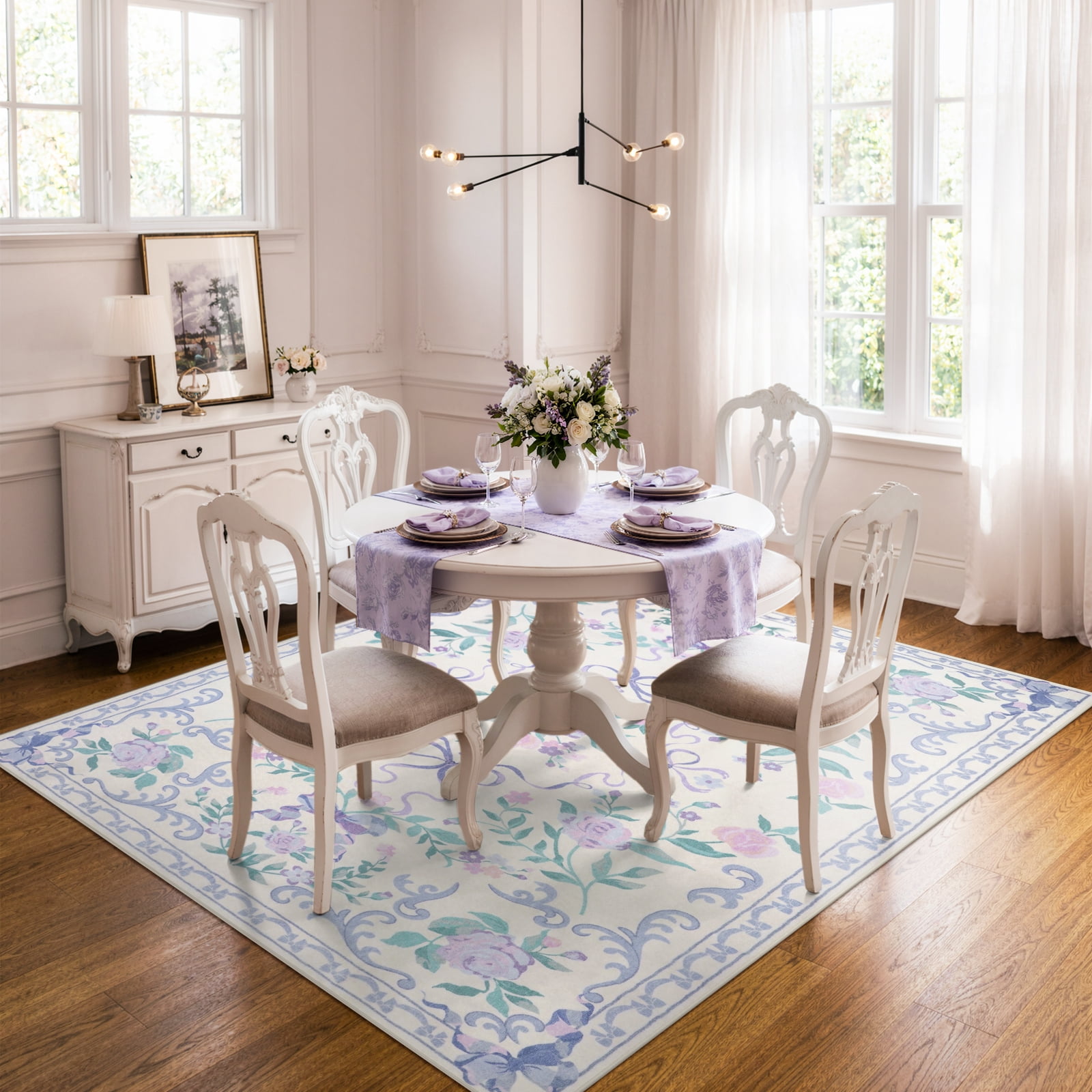 Lahome Washable 5'x7' Floral Bow Area Rug, Purple Rugs for Living Room, Soft Ultra-Thin Non-Slip Carpet for Girls Bedroom Nursery Dorm Kids Room Playroom, Purple