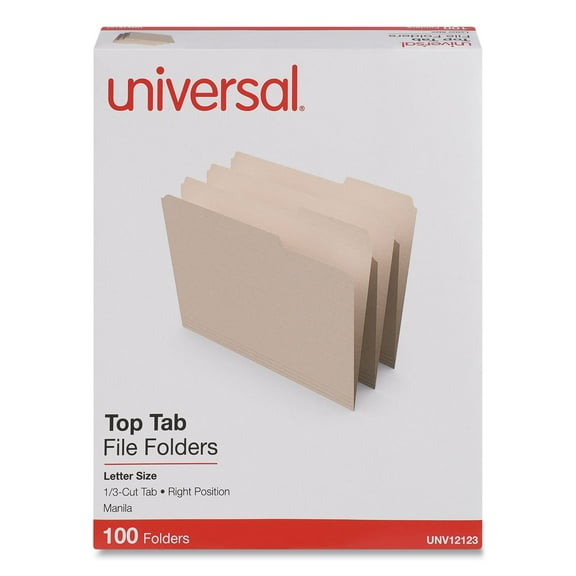 File Folders, 1/3 Cut Third Position, One-Ply Top Tab, Letter, Manila, 100/Box -UNV12123