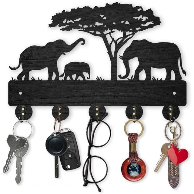 Llavero de pared con forma de elefante, 11,8 x 8 pulgadas, organizador de llaves de madera con forma de elefante, 5 ganchos de aleación, decorativo, para regalo