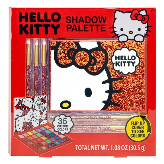 Hello Kitty Eyeshadow Palette Set - 35 Custom Colors, 5 Themed Brushes, Flip - up Glitter Cover, 8 