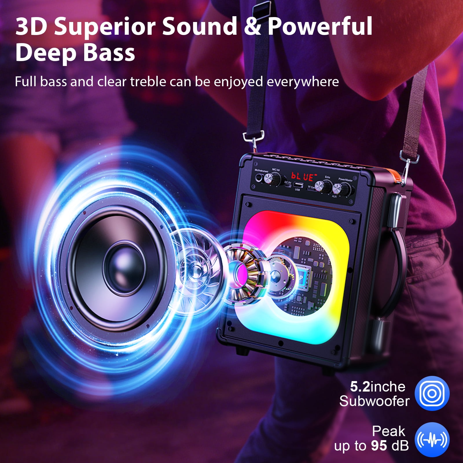 JAUYXIAN Stand Alone Karaoke Machine with 2 Mics, Bluetooth Karaoke Party Speaker, Echo Adjustment, Supports USB/TF/REC/AUX