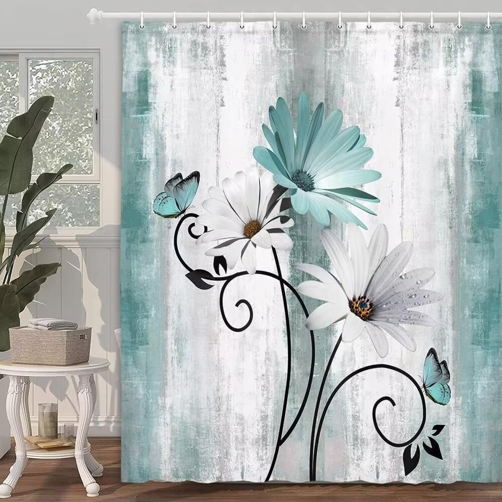 4PCS Teal Daisy Country Farmhouse Shower Curtain Set with Shower Curtain and Carpet and Accessories, Waterproof Bathroom Shower Curtain Decorative Set with 12 pcs Hooks,71 x 71in