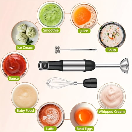 1100W Immersion Blender 6-in-1, Handheld Blender with Whisk & Food Chopper, Stainless Steel, Variable Speed, Includes Frother & Measuring Cup - Perfect for Kitchen, Smoothies, Restaurants