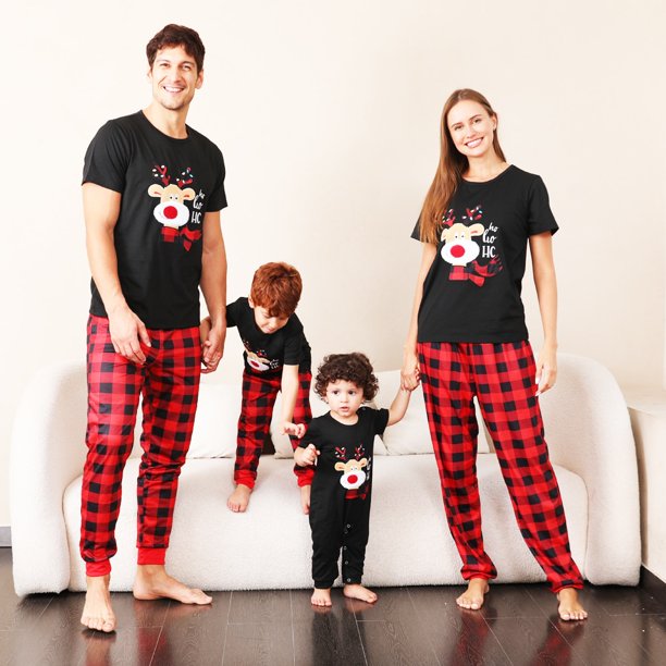 2023 New Christmas Mom Dad Kids Matching Pajamas Set Baby Romper Cartoon Elk Pattern Short Sleeve Sleepwear Xmas Family Look Pjs