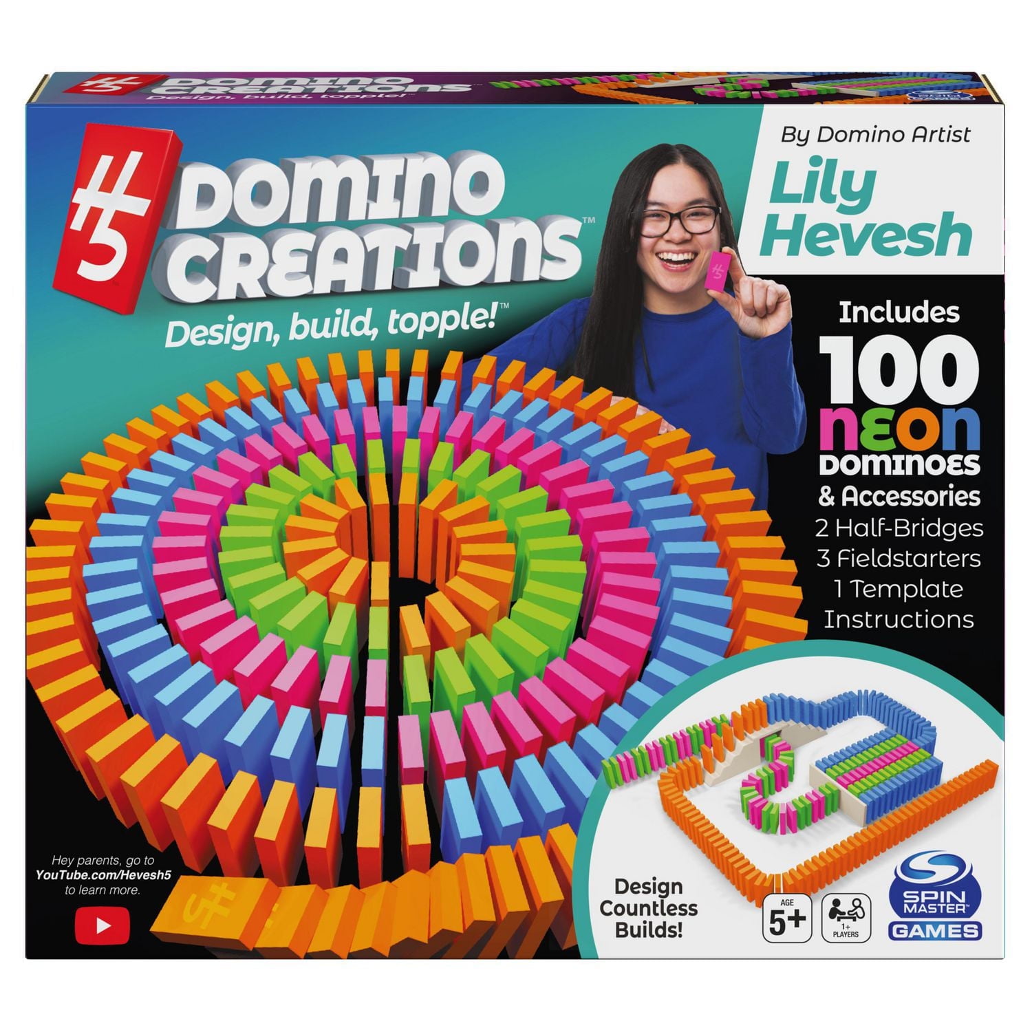 H5 Domino Creations 100-Piece Neon Set by Lily Hevesh, for Families and Kids Ages 5 and up