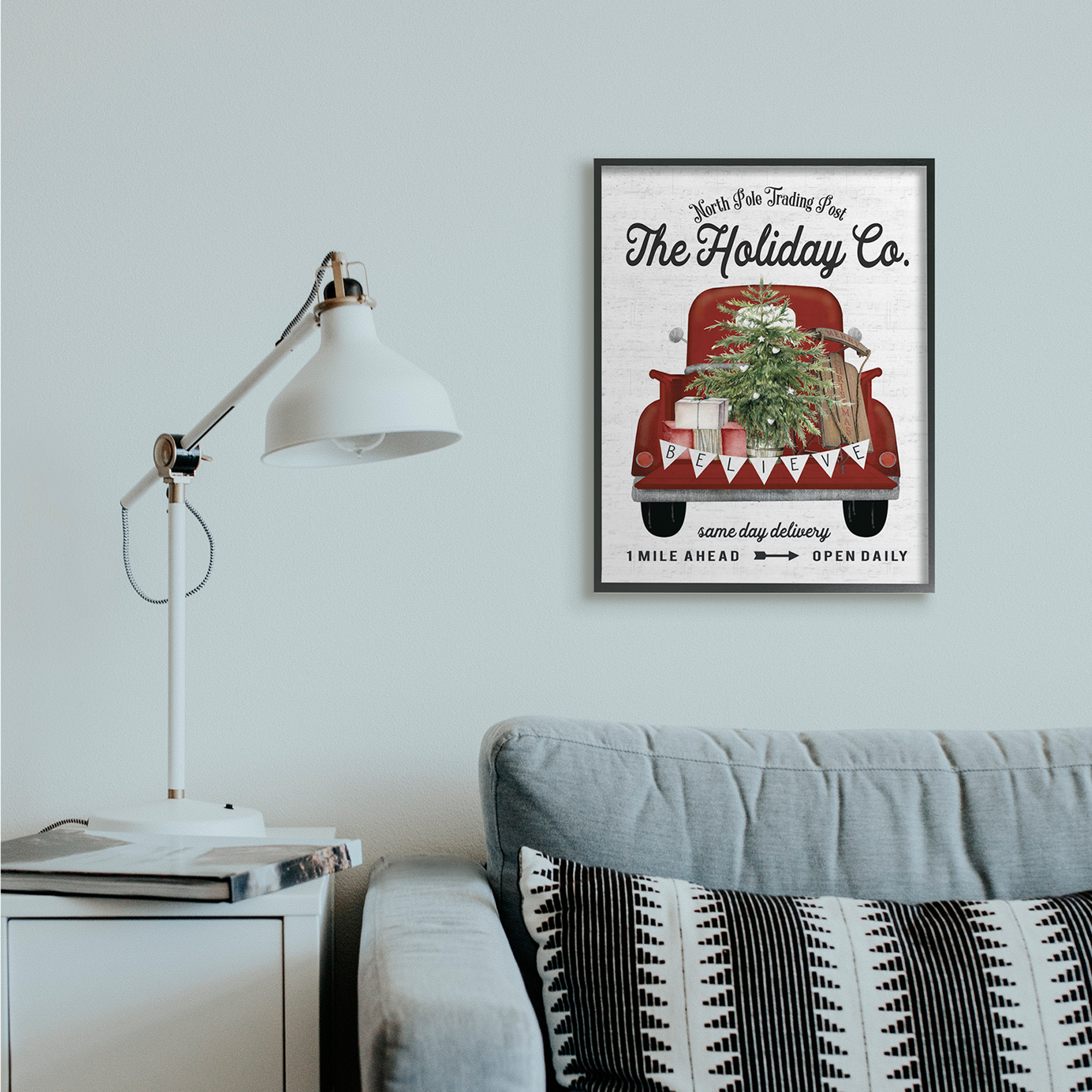 Stupell Industries Red Holiday Truck Winter Green Fir Tree Holiday Painting Black Framed Art Print Wall Art, 24 x 30