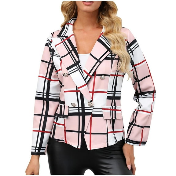 Jackets For Women Pink Button Pocket Check Print Slim Lapel Blazer Blouse Coat M