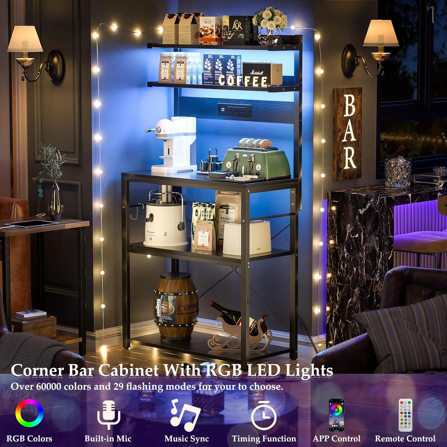 iSunirm 5-Tier Bakers Rack with Power Outlet, Microwave Stand, Coffee Bar Station with RGB Led Light, kitchen Storage Shelf with 6 Hooks, Kitchen Rack for Spices, Pots, and Pans, Black