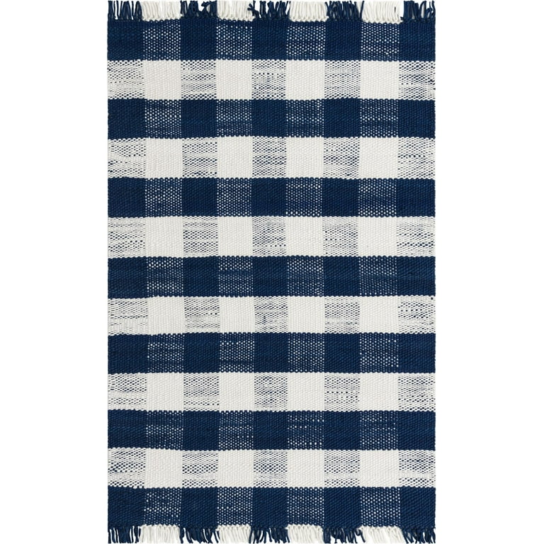 Navy Blue White Plaid Rug Indoor Porch Checkered Rug, Washable