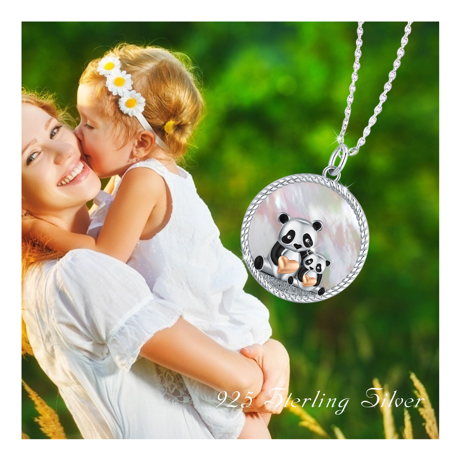 Cuoka Panda Necklace 925 Sterling Silver Pendant Necklaces Mother's Love for Parent and Jewelry 18K White Gold Plated Birthday Mother's Day Xmas Gift for Women Mom