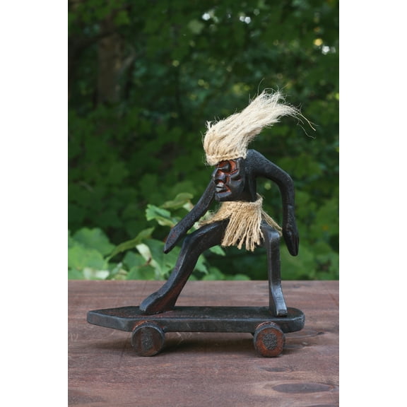 G6 Collection Handmade Wooden Primitive Tribal Skateboarding Statue Funny Sculpture Tiki Bar Handcrafted Unique Gift Decor Accent Figurine Hand Carved - B