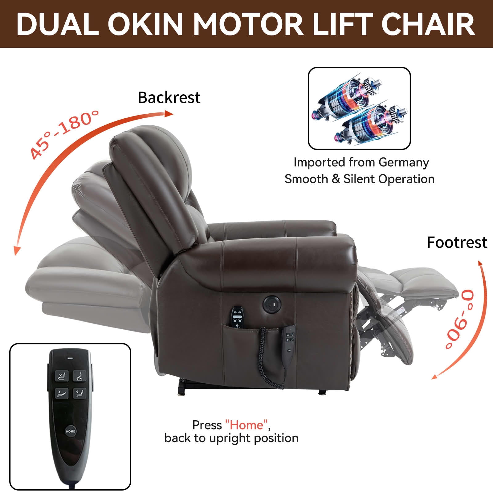 MAYEERTY Brown Genuine Leather Dual Motor Power Lift Recliner, 350lbs Massage Heat USB Ports 40"x38"x41" for Elderly