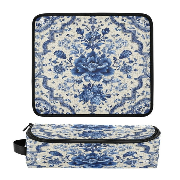 Hair Tools Travel Bag Heat-Resistant Curling Iron Organizer Bag with Detachable Heatproof Mat Travel Storage Case Blue and White Porcelain-style