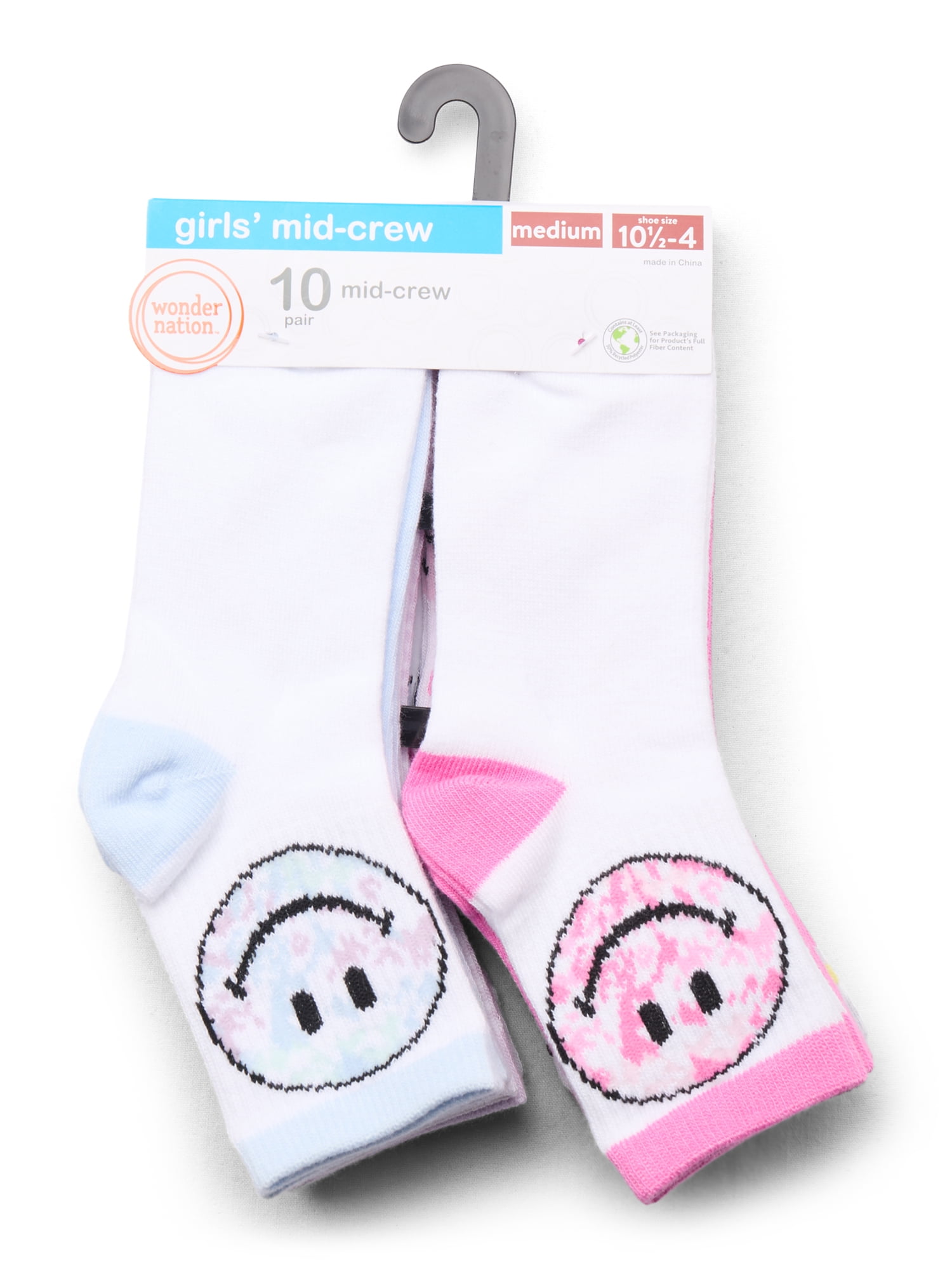 Wonder Nation Girls Mid-Crew Smiley Socks, 10-Pack, Sizes S-L