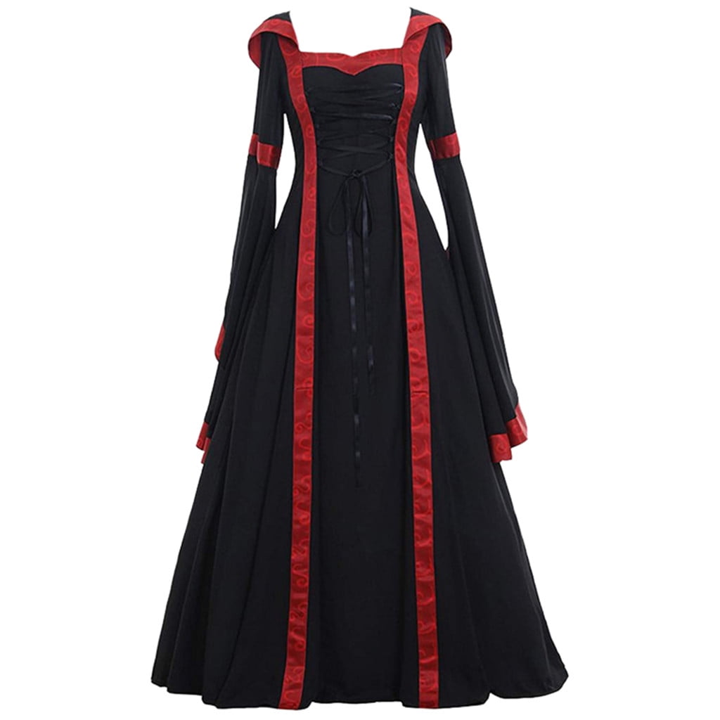 MRULIC Women's Fashion Gothic Solid Long Sleeve Hooded Medieval Dress Floor Length Cosplay Dress Windbreaker 