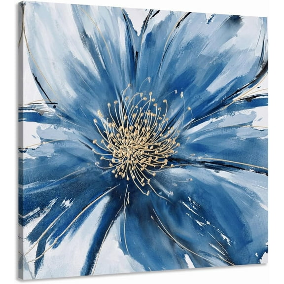 Bathroom Wall Art Navy Blue Floral Pictures Abstract Flower painting on Canvas Prints Gray Vintage Bedroom Walls Decor 12x12