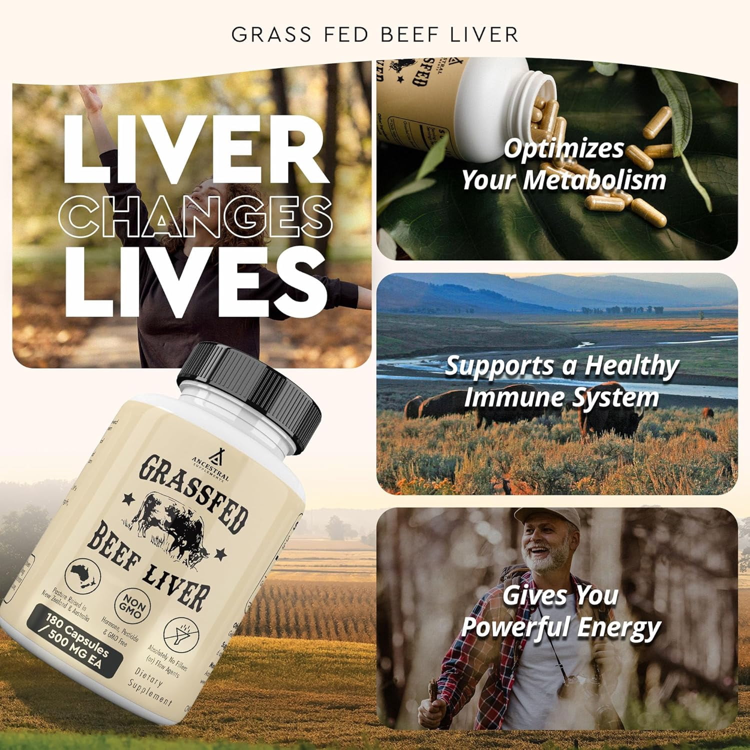 Ancestral Supplements Beef Liver, Grass-Fed, Natural Iron, Vitamin A, B12 for Energy, 180 Capsules