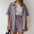 thumbnail image 2 of WAYUTE Shorts Sets Women 2 Piece Outfits Solid Color Short Sleeve Button Shirt and Casual Shorts Comfortable Casual Travel Summer Outfit, 2 of 6