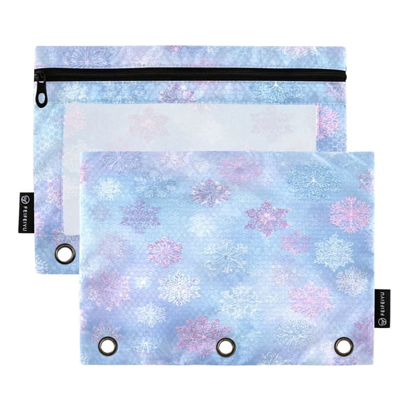 2 Pack 3 Ring Binder Pouch with Clear PVC Window Water Resistant Zipper Pencil Pouch Blue-pink Snowflakes Pattern Binder Pocket for Classroom Office Home Stationery Organization