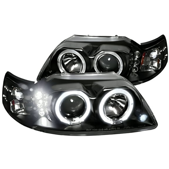 SMD LED Halo Projector Headlight In Black Housing Clear Lens Made For And Compatible With 1999 - 2004 Ford Mustang 99 00 01 02 03 04