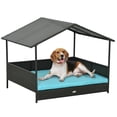 thumbnail image 1 of PawHut Rattan Dog House Outdoor with Shade Canopy, Cushion, Blue, 1 of 10