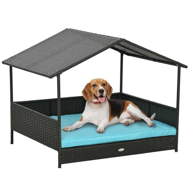 PawHut Rattan Dog House Outdoor with Shade Canopy, Cushion, Blue