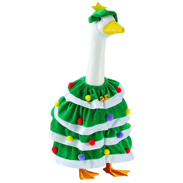 Adornos navideños, regalos navideños, disfraz navideño con sombrero, vestido festivo con cascabeles y pompones, árbol rojo y verde, pato, ropa decorativa.