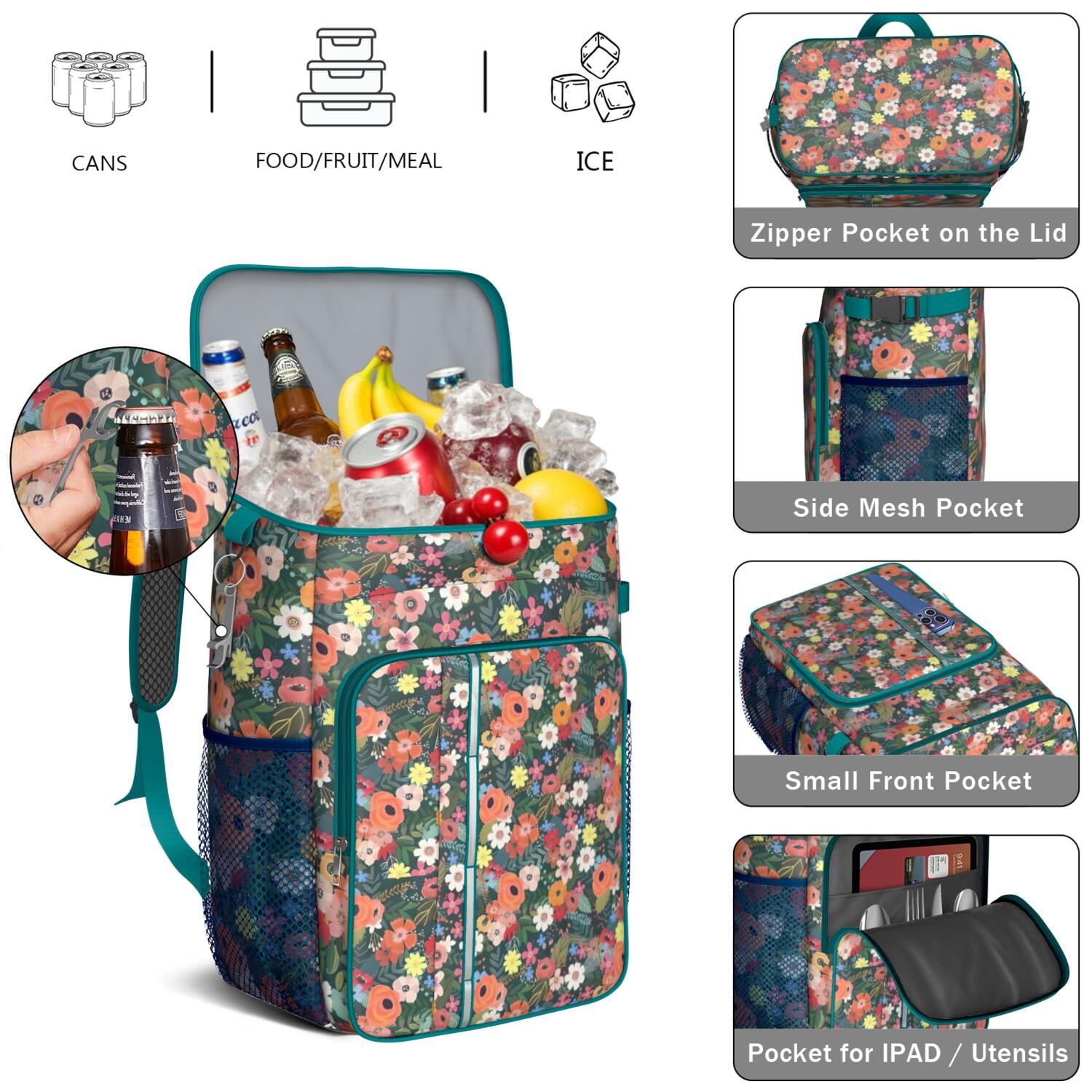 Travel Cooler Bag - Pioneer Flower Floral Print Pattern Camping Beer Cooler Backpack with Bottle Opener- Waterproof Insulated Picnic Backpacks - Cooler Bag for Beach