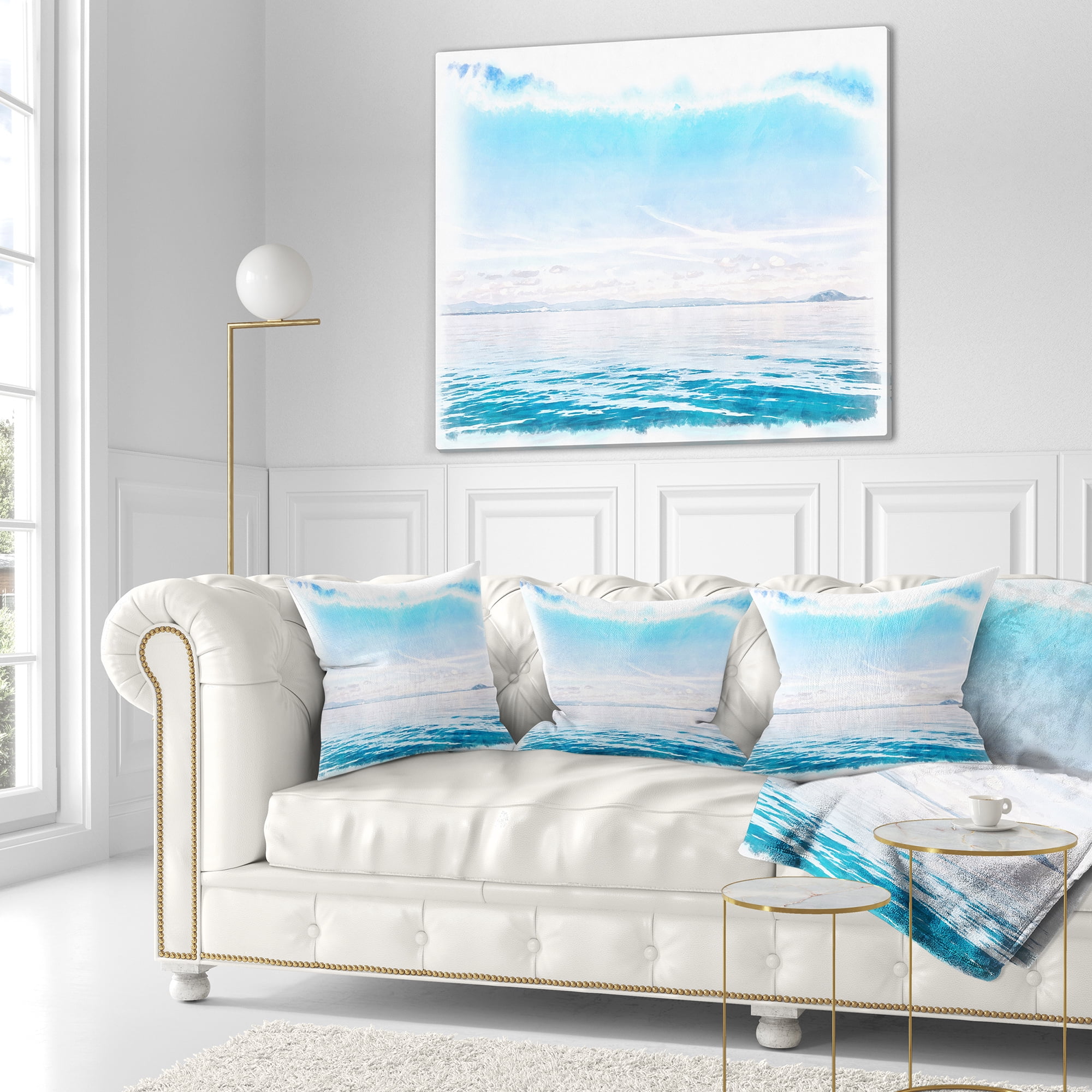 Designart Blue Horizon Digital Watercolor - Seascape Throw Pillow - 16x16