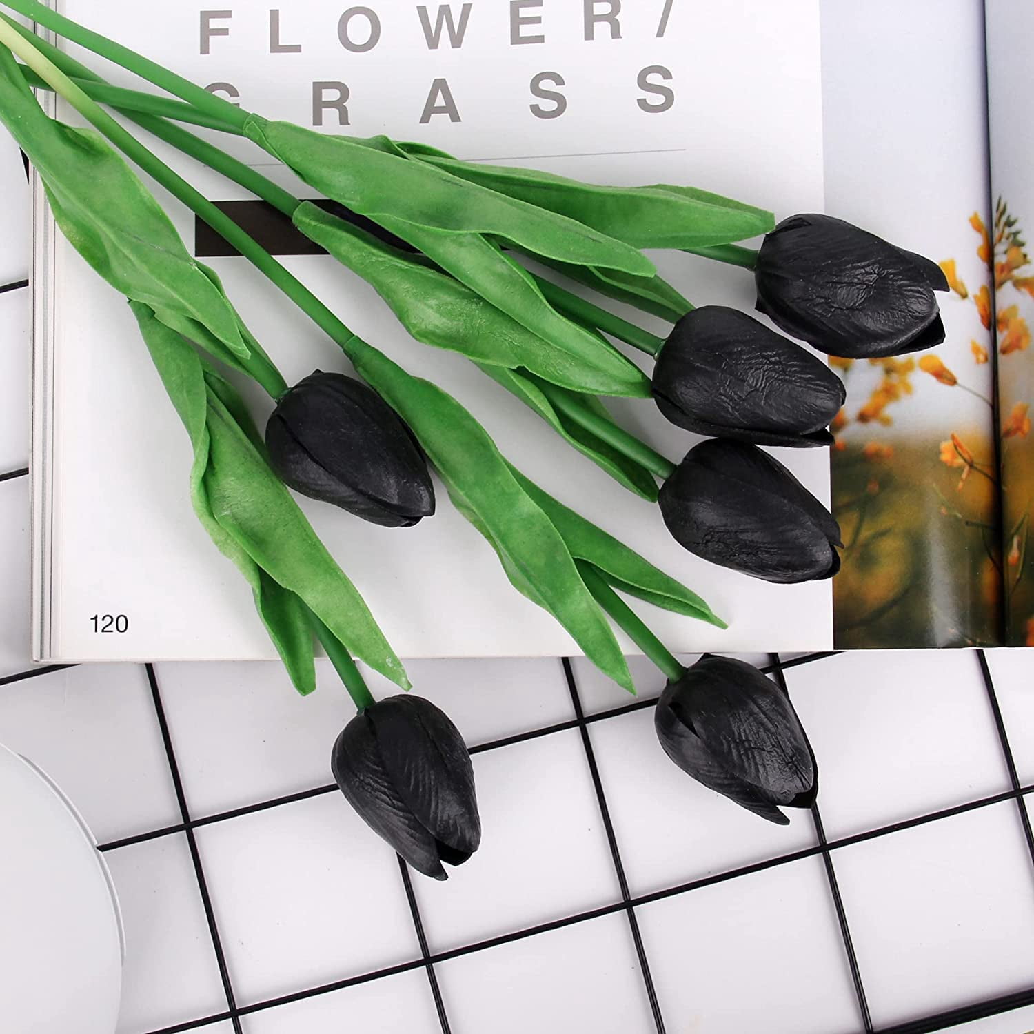 HAOSHICS 30pcs Artificial Tulips Flowers Fake Latex Tulip Stems - Real Touch Faux Colorful,for Easter Spring Wedding Bouquet Centerpiece Floral Arrangement Wedding Table Decor (Black)