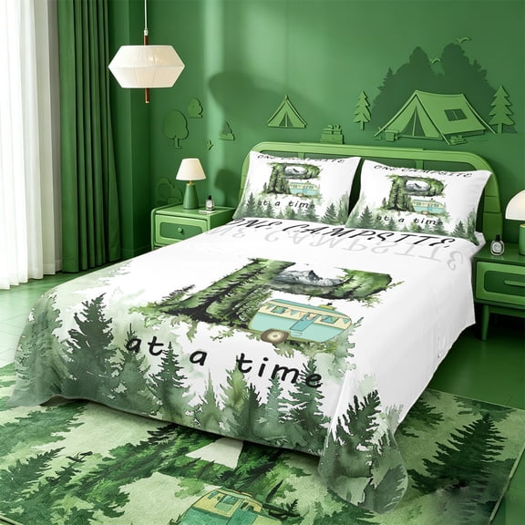 meiyoeat Retro Camper Kids Bed Sheets For Boys,Happy Camping Letter P Theme Full Size Sheets,4pcs,1 Flat Sheet,1 Fitted Sheet and 2 Pillowcases