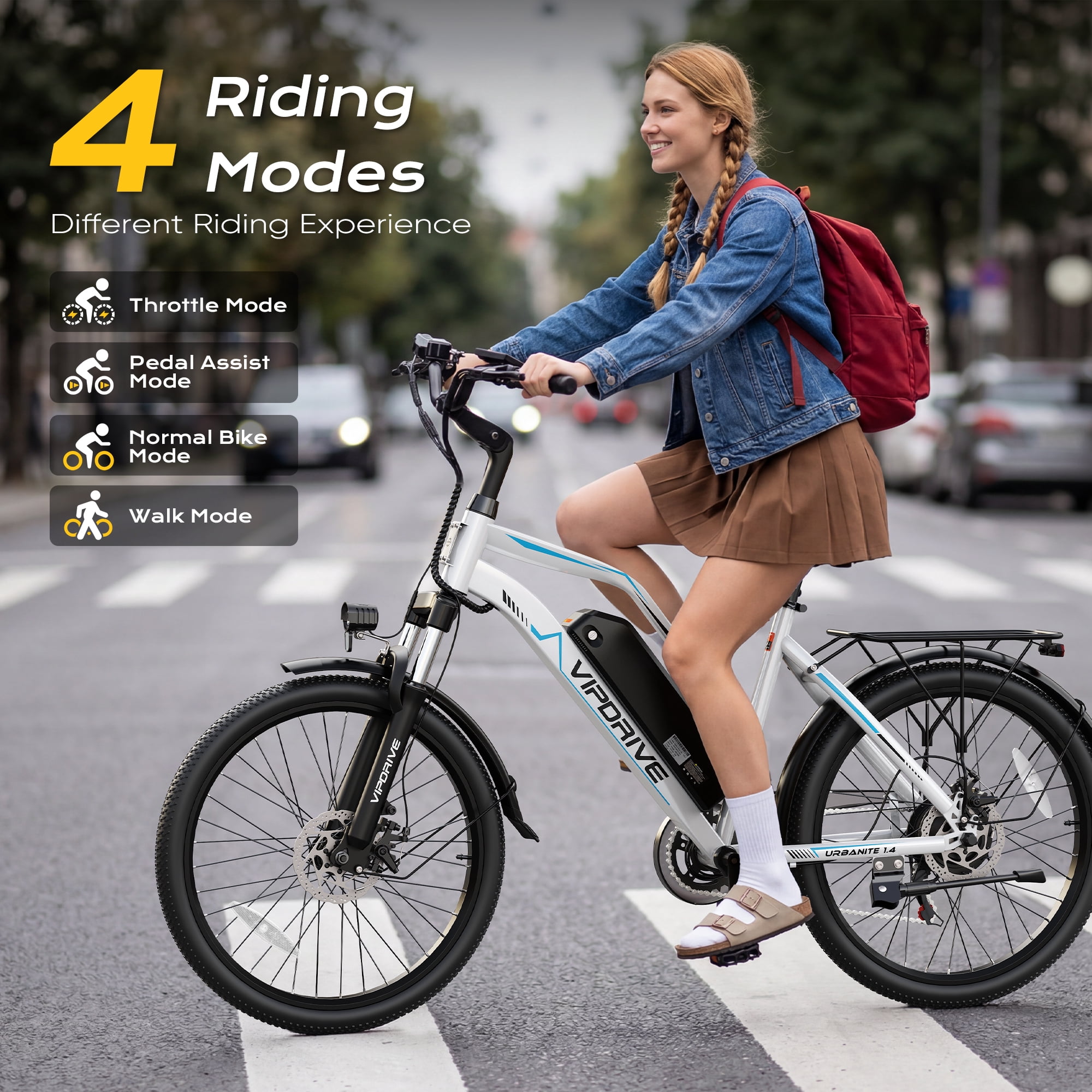 VIPDRIVE Electric Bike - 24'' Adult E Bike, Peak 750W 20MPH City Cruiser E-Bike with 48V7.8AH Removable Battery with Fork Suspension and Dual Disc Brakes（UL2849)